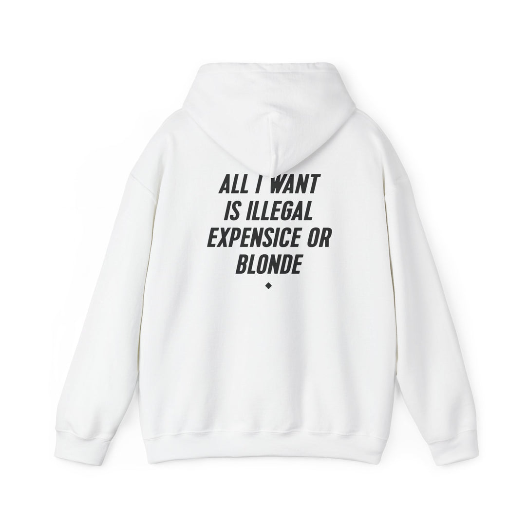 Hoodie — “All I Want Is Illegal, Expensive or Blonde” Graphic Pullover