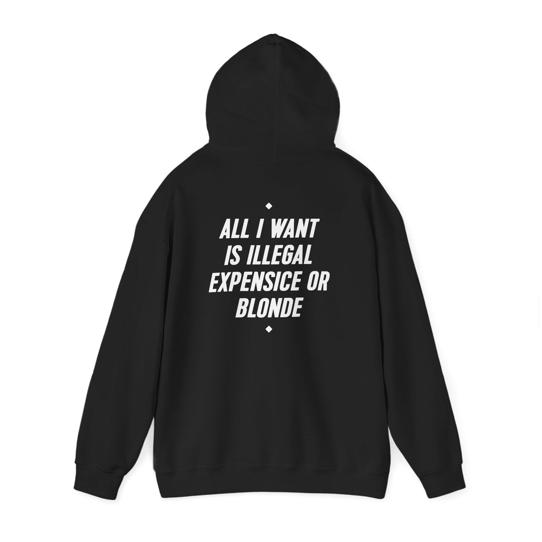 Hoodie — “All I Want Is Illegal, Expensive or Blonde” Graphic Pullover