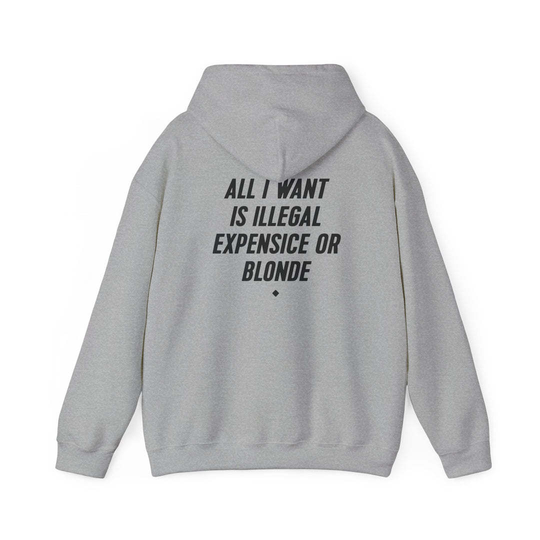 Hoodie — “All I Want Is Illegal, Expensive or Blonde” Graphic Pullover