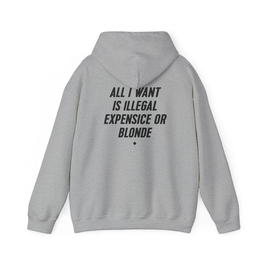 Hoodie — “All I Want Is Illegal, Expensive or Blonde” Graphic Pullover