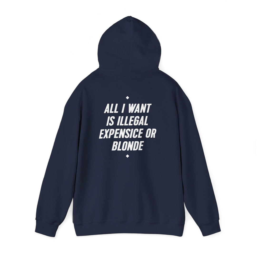 Hoodie — “All I Want Is Illegal, Expensive or Blonde” Graphic Pullover