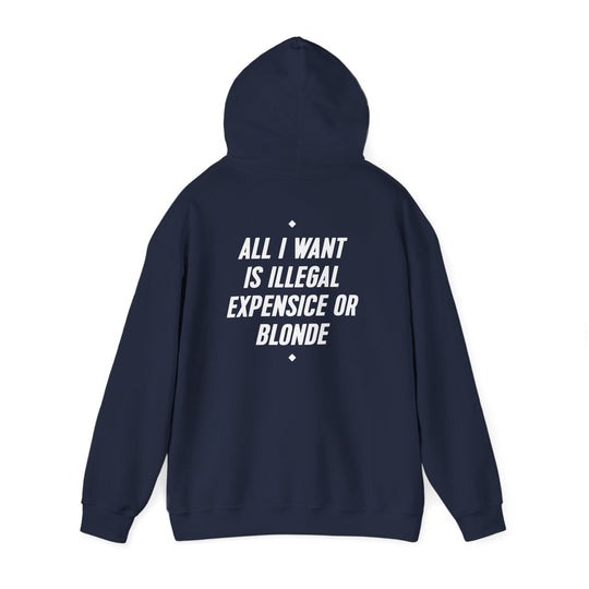 Hoodie — “All I Want Is Illegal, Expensive or Blonde” Graphic Pullover