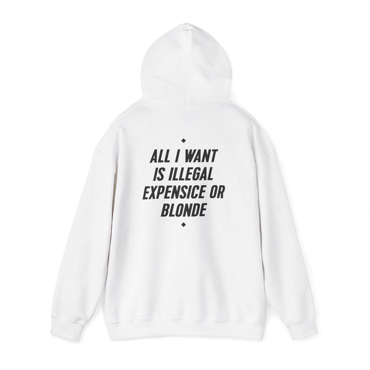 Hoodie — “All I Want Is Illegal, Expensive or Blonde” Graphic Pullover