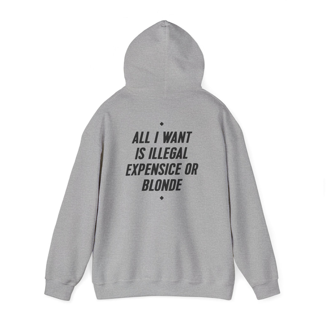 Hoodie — “All I Want Is Illegal, Expensive or Blonde” Graphic Pullover