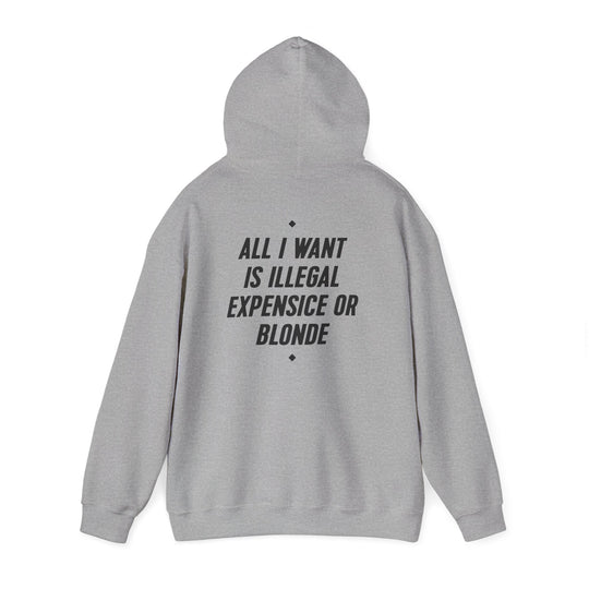 Hoodie — “All I Want Is Illegal, Expensive or Blonde” Graphic Pullover