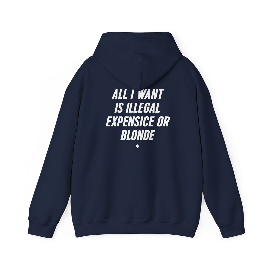 Hoodie — “All I Want Is Illegal, Expensive or Blonde” Graphic Pullover