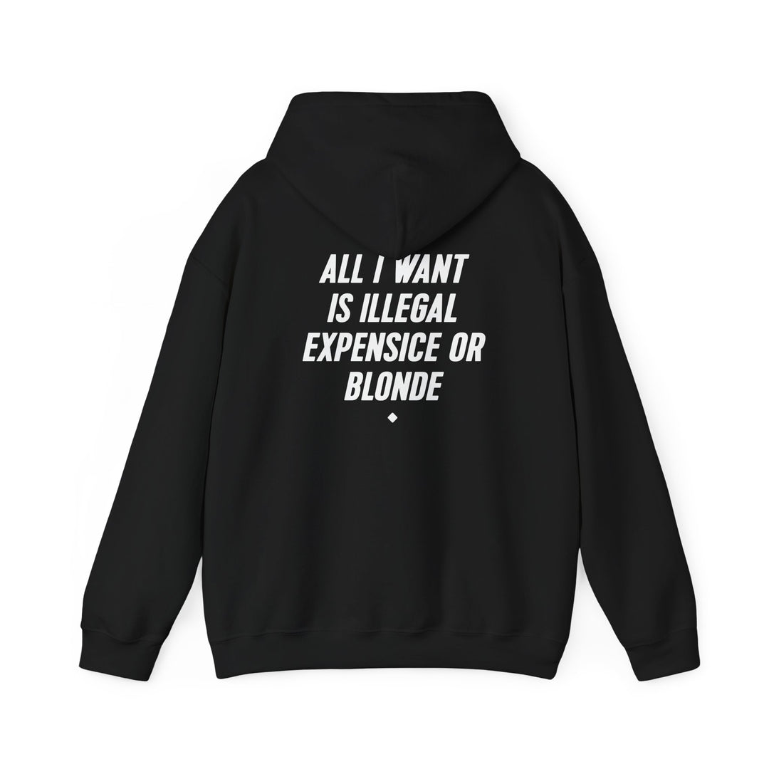 Hoodie — “All I Want Is Illegal, Expensive or Blonde” Graphic Pullover