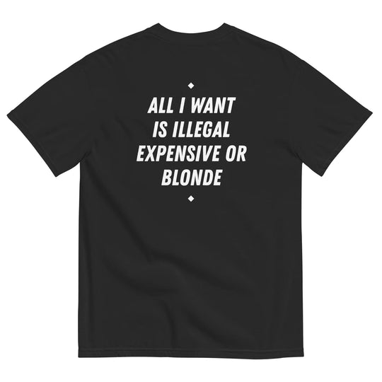 ALL I WANT IS ILLEGAL, EXPENSIVE OR BLONDE T-SHIRT