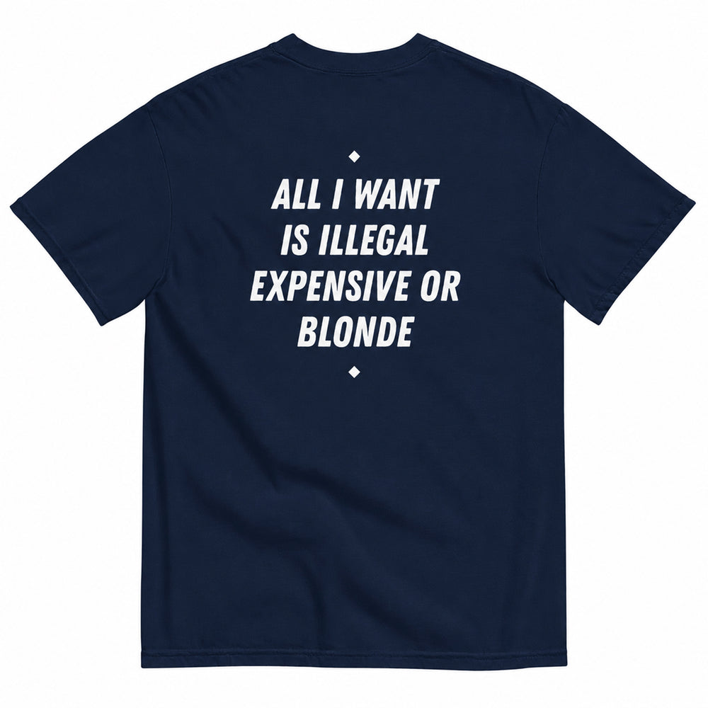 ALL I WANT IS ILLEGAL, EXPENSIVE OR BLONDE T-SHIRT