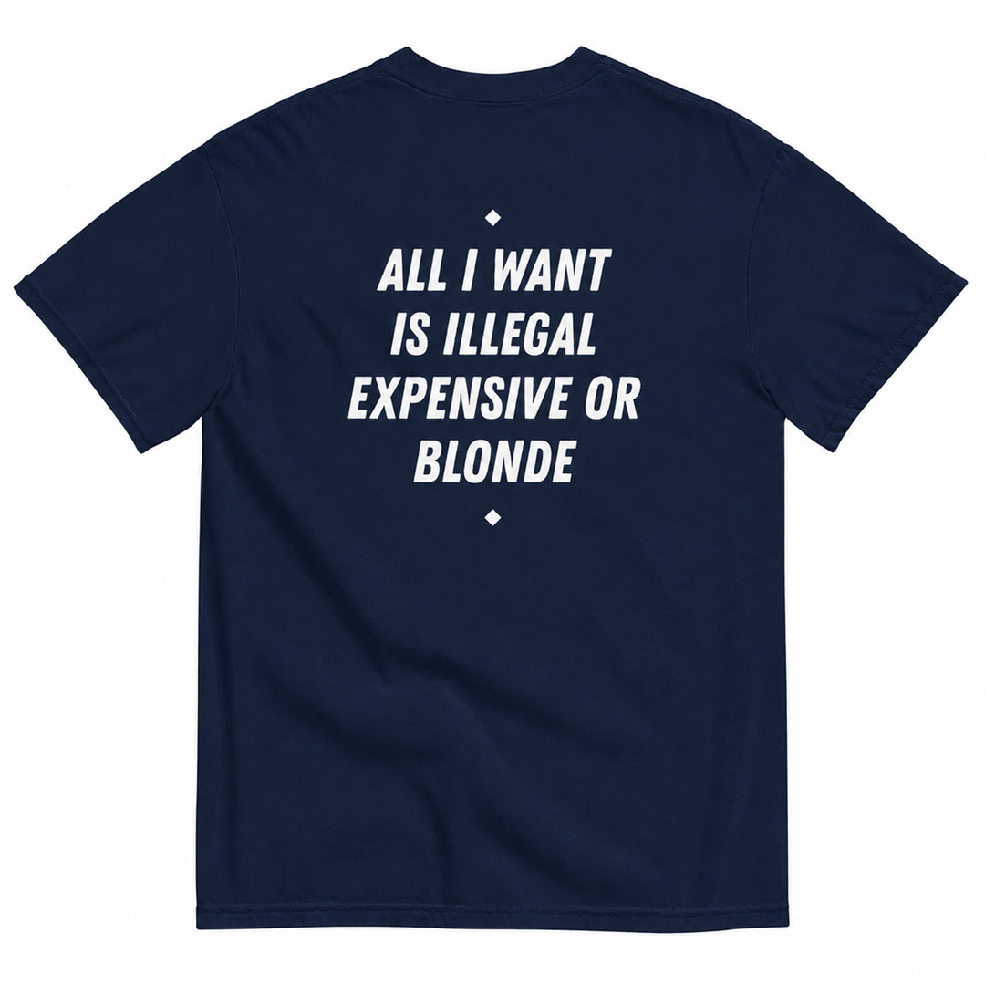 ALL I WANT IS ILLEGAL, EXPENSIVE OR BLONDE T-SHIRT