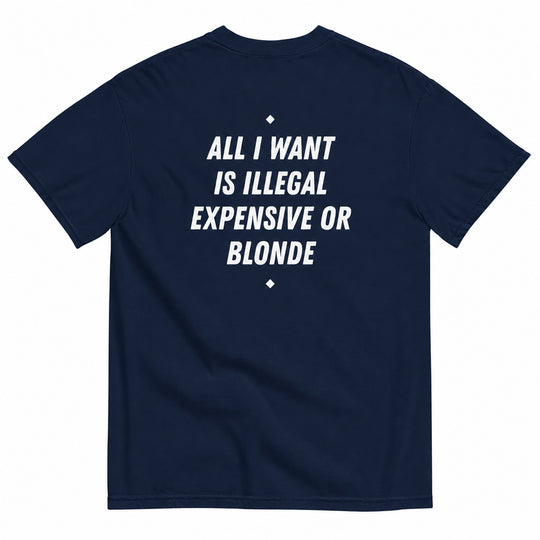 ALL I WANT IS ILLEGAL, EXPENSIVE OR BLONDE T-SHIRT