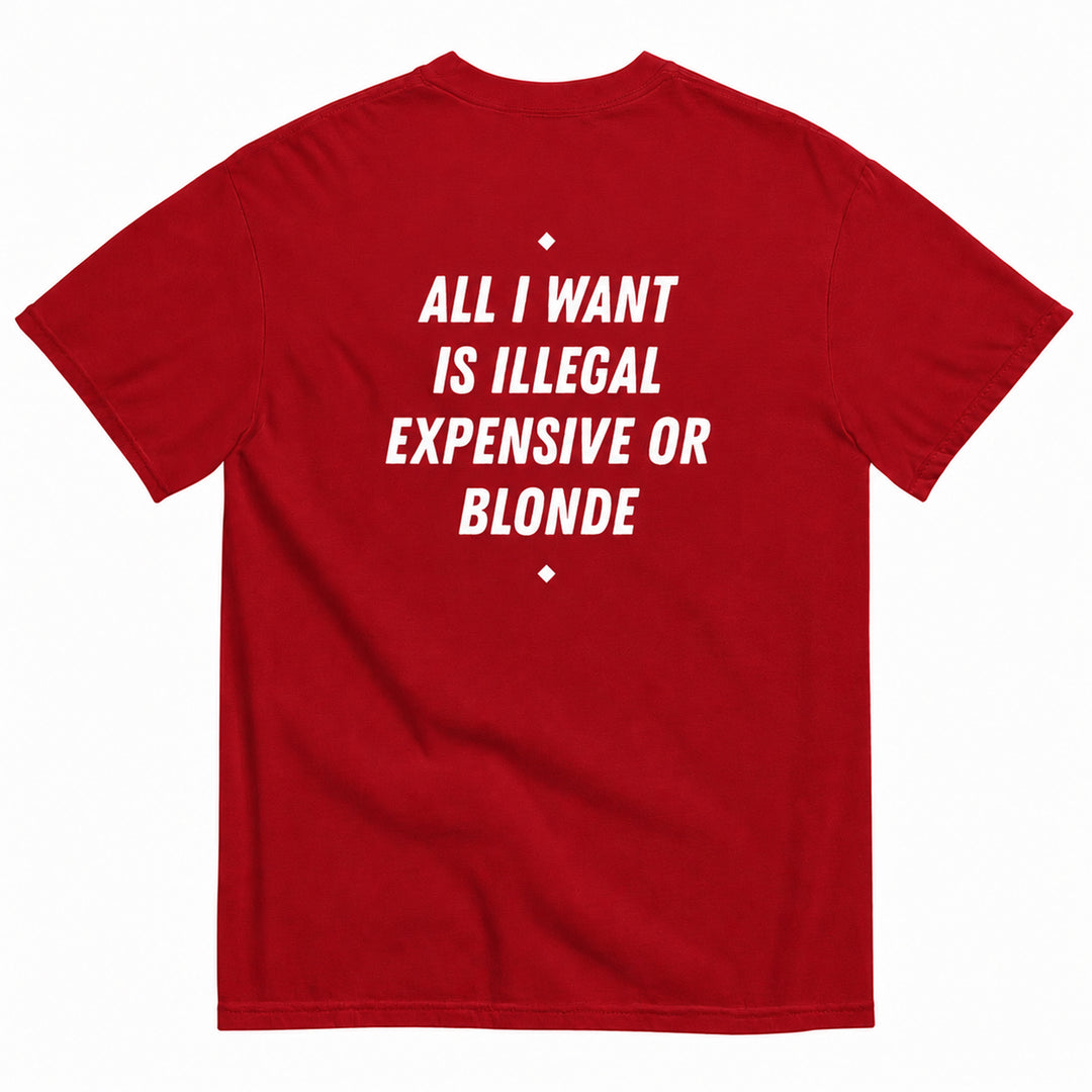 ALL I WANT IS ILLEGAL, EXPENSIVE OR BLONDE T-SHIRT