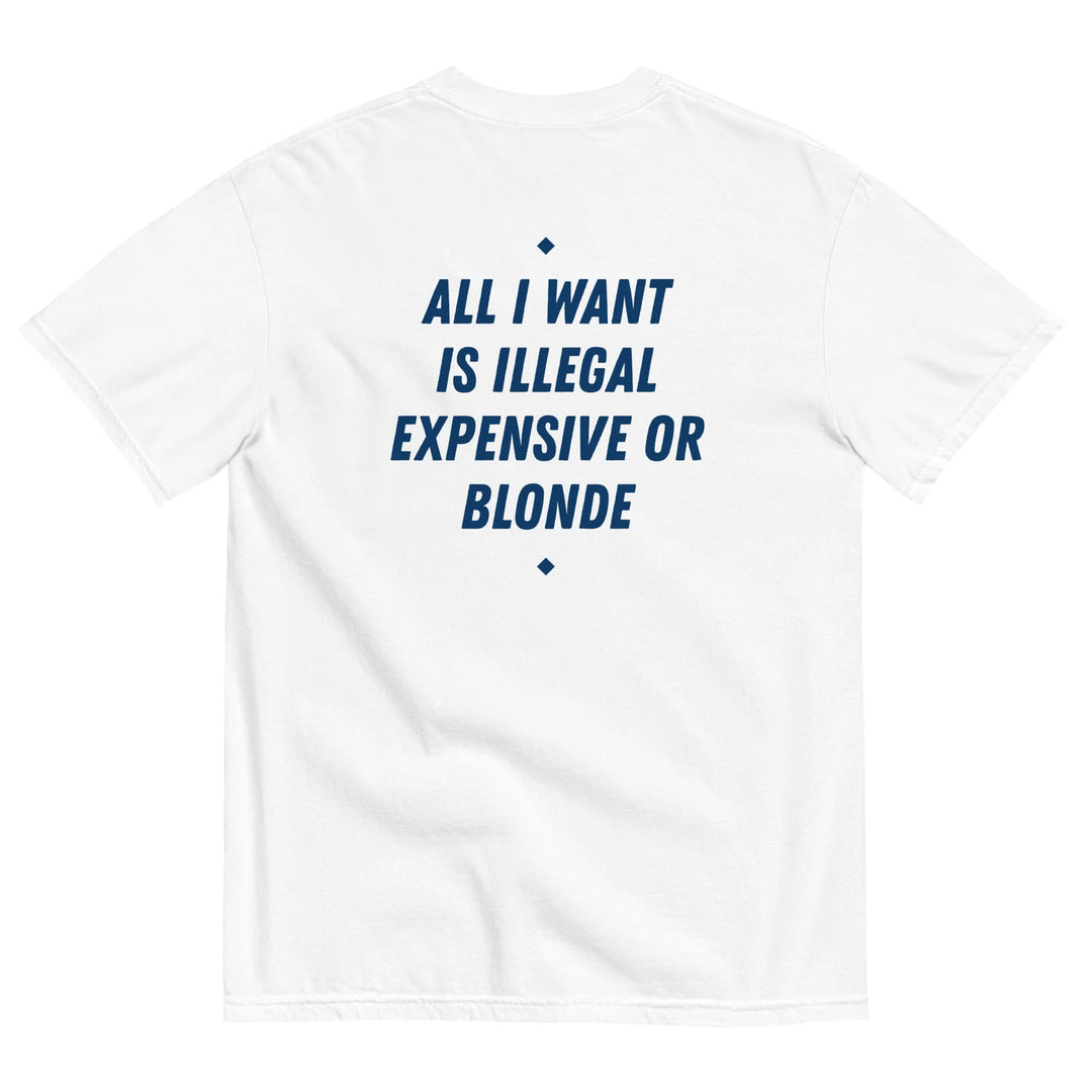 ALL I WANT IS ILLEGAL, EXPENSIVE OR BLONDE T-SHIRT