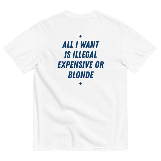 ALL I WANT IS ILLEGAL, EXPENSIVE OR BLONDE T-SHIRT