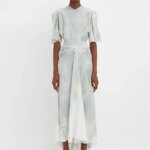 Drape Sleeve Midi Dress In White Digital Feather Print