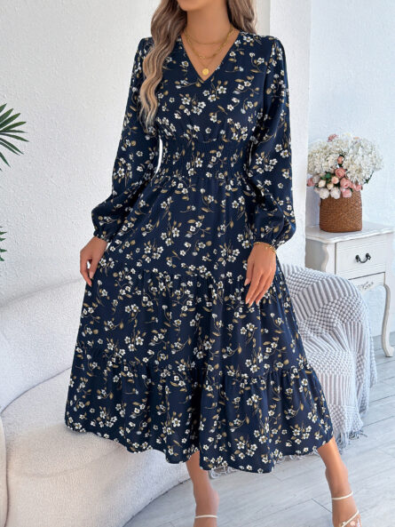Floral Print Long Sleeve V-Neck Midi Dress - Image 6