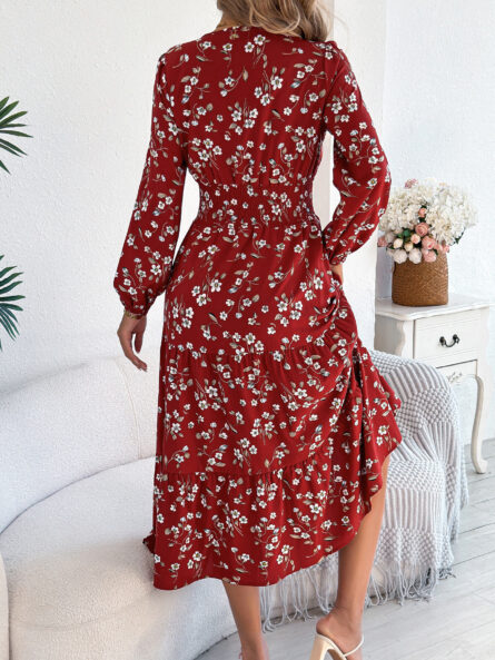Floral Print Long Sleeve V-Neck Midi Dress - Image 9