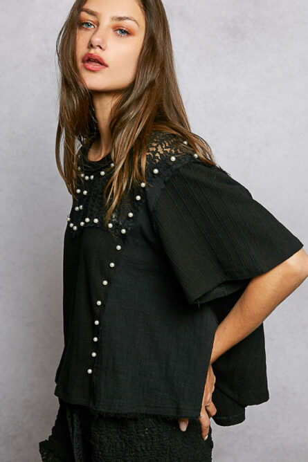 POL Lace Pearl Stud Round Neck Short Sleeve Shirt - Image 2