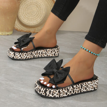 Bow Open Toe Leopard Platform Sandals - Image 2