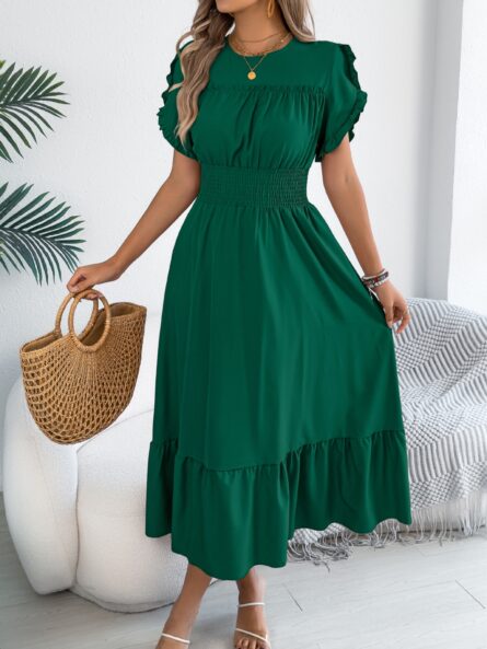 Smocked Frill Round Neck Midi Dress - Image 9