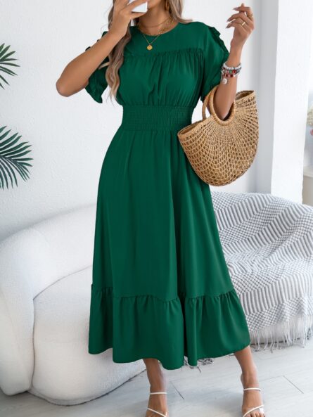 Smocked Frill Round Neck Midi Dress - Image 7