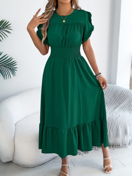 Smocked Frill Round Neck Midi Dress - Image 6