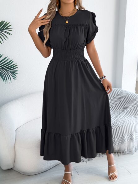 Smocked Frill Round Neck Midi Dress - Image 4