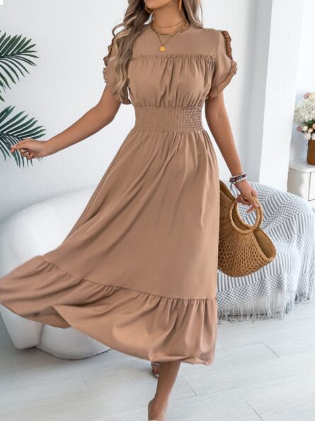 Smocked Frill Round Neck Midi Dress - Image 14
