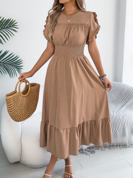 Smocked Frill Round Neck Midi Dress - Image 13