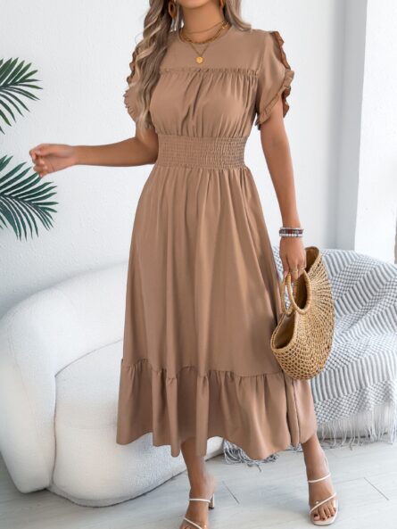 Smocked Frill Round Neck Midi Dress - Image 12