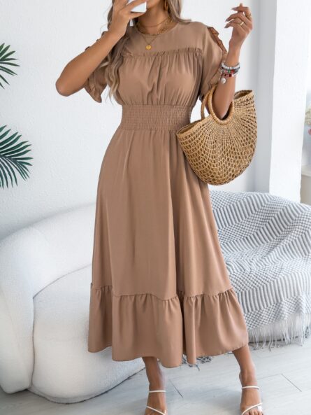 Smocked Frill Round Neck Midi Dress - Image 10