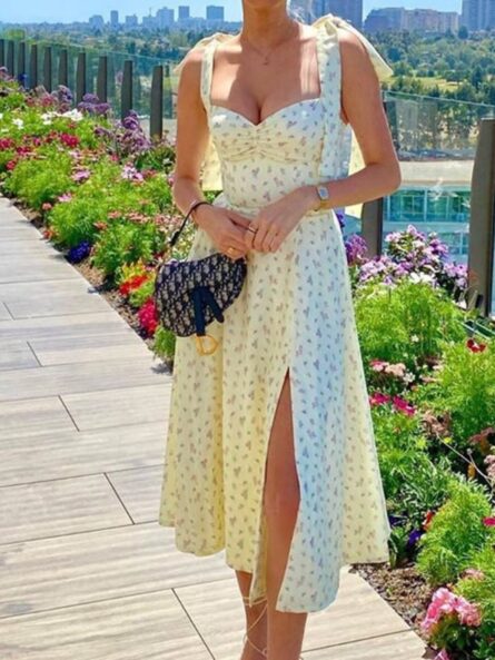 Floral Print Tie-Shoulder Slit Midi Dress - Image 3