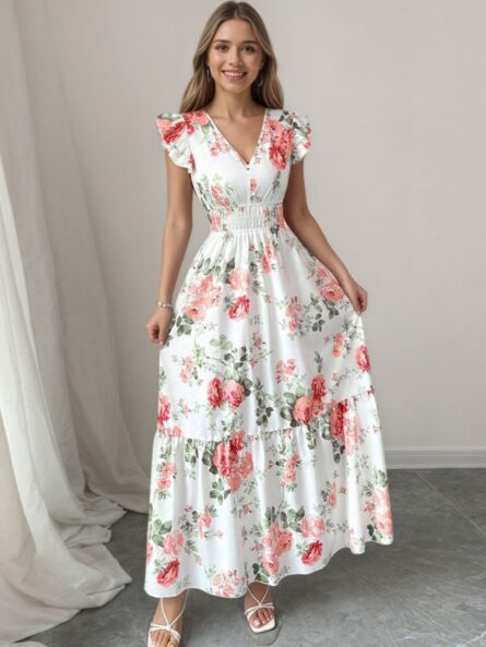 Floral Print Ruffle Sleeve Tiered Maxi Dress - Image 5