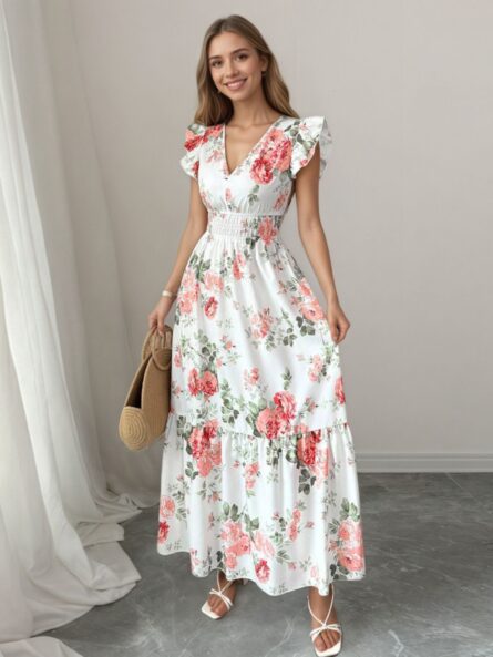 Floral Print Ruffle Sleeve Tiered Maxi Dress - Image 2