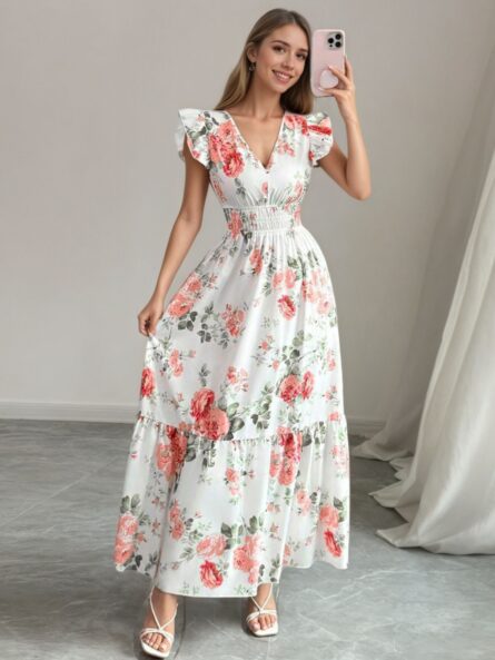 Floral Print Ruffle Sleeve Tiered Maxi Dress - Image 4