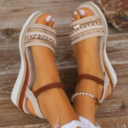 Rhinestone Open Toe Wedge Sandals - Image 3