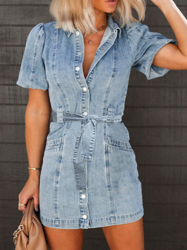 PuffSleeveButtonUpMiniDenimDress0