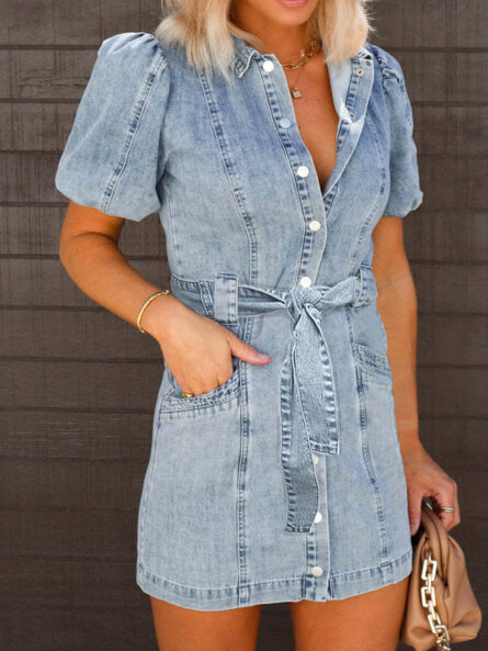 Puff Sleeve Button Up Mini Denim Dress - Image 3