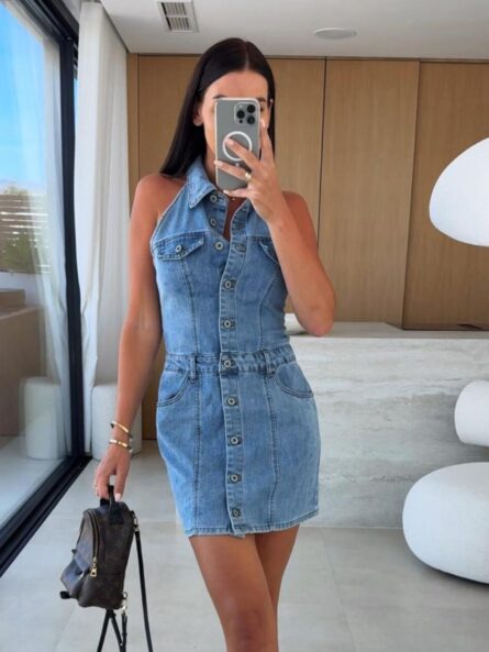 Button Front Sleeveless Denim Mini Dress - Image 3