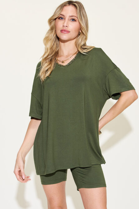 Basic Bae Full Size V-Neck Drop Shoulder T-Shirt and Shorts Set - Image 22