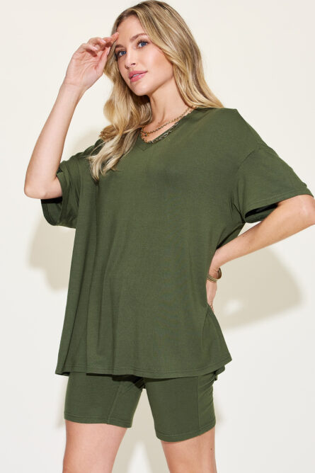 Basic Bae Full Size V-Neck Drop Shoulder T-Shirt and Shorts Set - Image 23