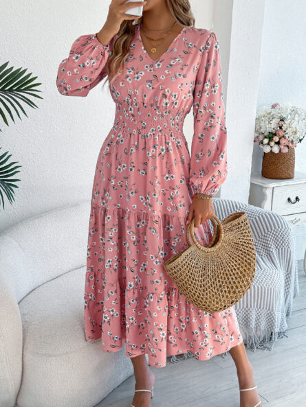 Floral Print Long Sleeve V-Neck Midi Dress - Image 14