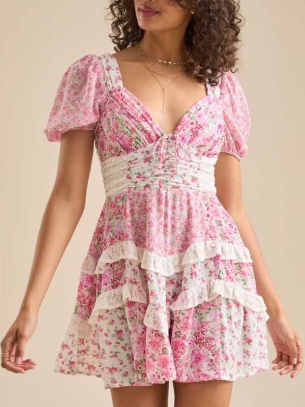 LyrFloralPuffSleeveTieredMiniDress0
