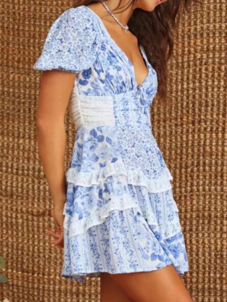 Floral Puff Sleeve Tiered Mini Dress - Image 5