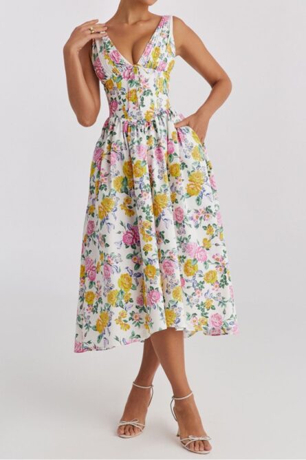 Floral V-Neck Sleeveless Midi Dress with Pockets - Image 3