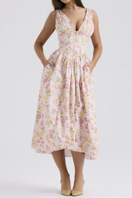 Floral V-Neck Sleeveless Midi Dress with Pockets - Image 7