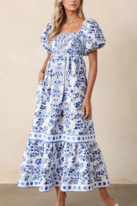 Smocked Printed Square Neck Puff Sleeve Dress - Image 6