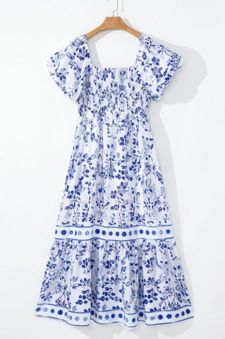Smocked Printed Square Neck Puff Sleeve Dress - Image 9