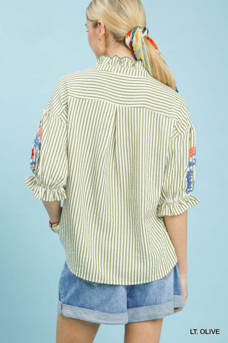 Umgee Embroidered Ruffle Trim Stripe Blouse - Image 5