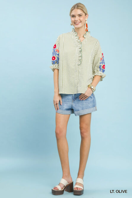 Umgee Embroidered Ruffle Trim Stripe Blouse - Image 3